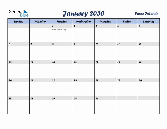 January 2030 Calendar with Holidays in Faroe Islands