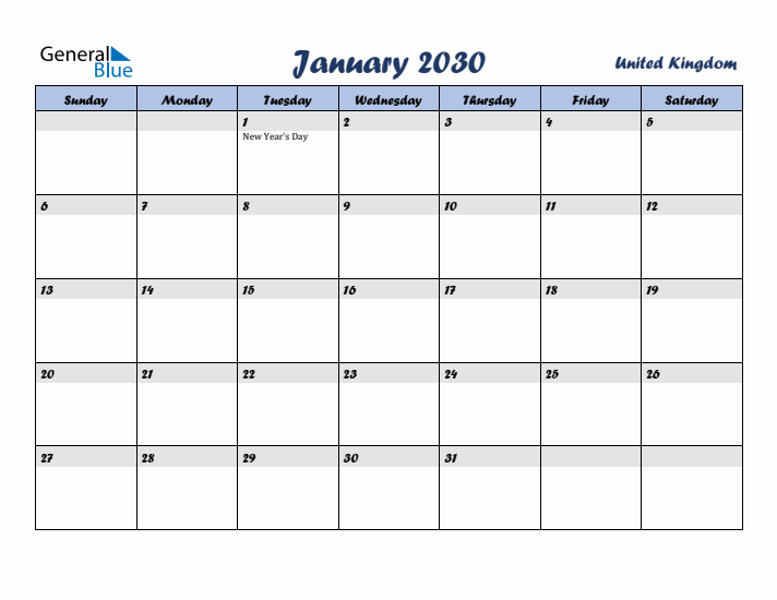 January 2030 Calendar with Holidays in United Kingdom
