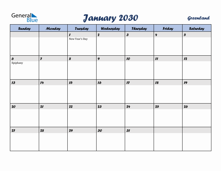 January 2030 Calendar with Holidays in Greenland