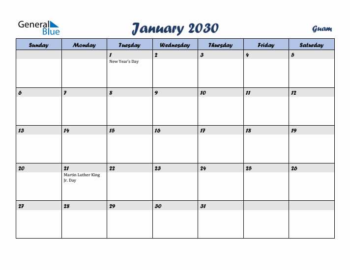 January 2030 Calendar with Holidays in Guam