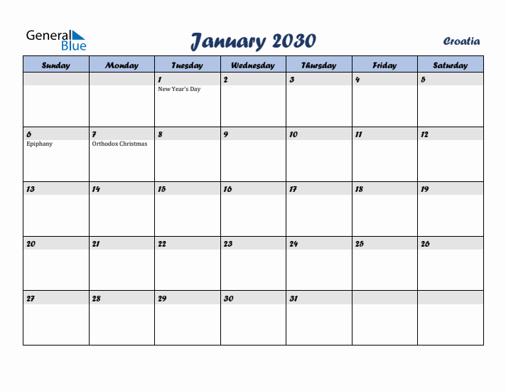 January 2030 Calendar with Holidays in Croatia