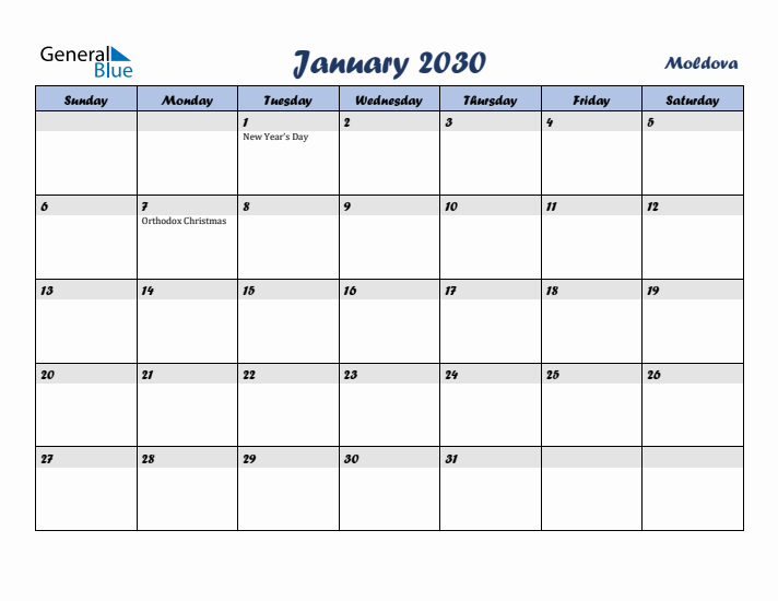 January 2030 Calendar with Holidays in Moldova