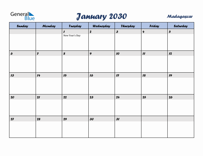 January 2030 Calendar with Holidays in Madagascar