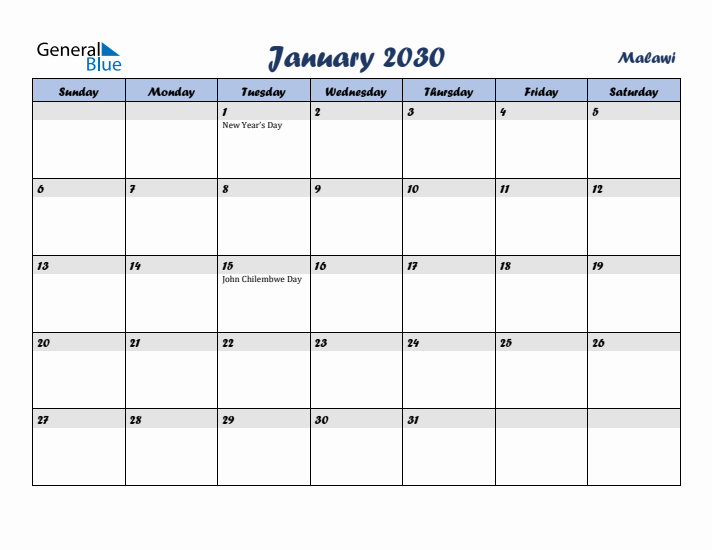 January 2030 Calendar with Holidays in Malawi