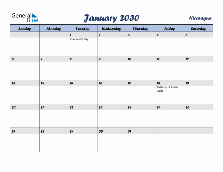 January 2030 Calendar with Holidays in Nicaragua