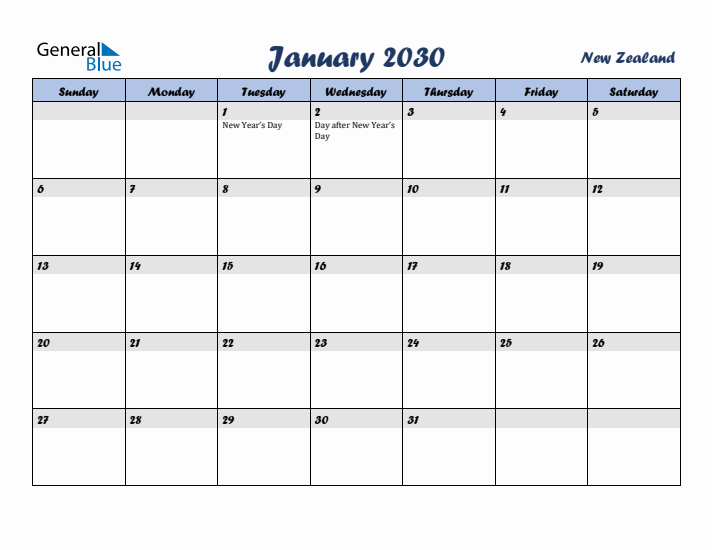 January 2030 Calendar with Holidays in New Zealand