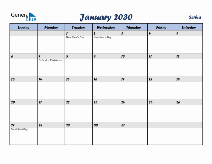 January 2030 Calendar with Holidays in Serbia