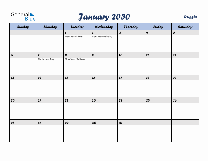January 2030 Calendar with Holidays in Russia