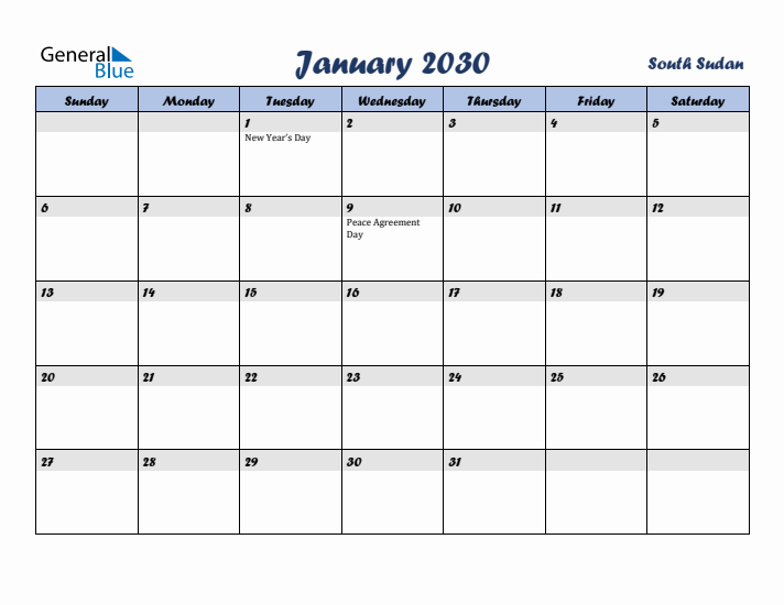 January 2030 Calendar with Holidays in South Sudan