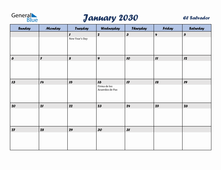 January 2030 Calendar with Holidays in El Salvador