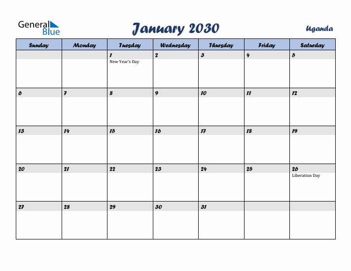 January 2030 Calendar with Holidays in Uganda