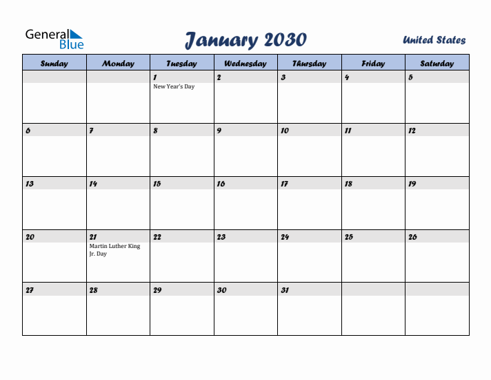 January 2030 Calendar with Holidays in United States