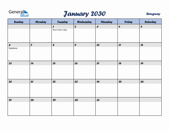 January 2030 Calendar with Holidays in Uruguay