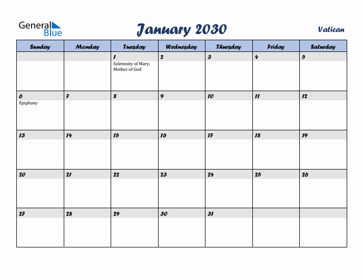 January 2030 Calendar with Holidays in Vatican