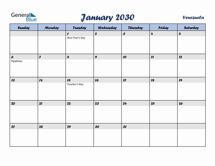 January 2030 Calendar with Holidays in Venezuela