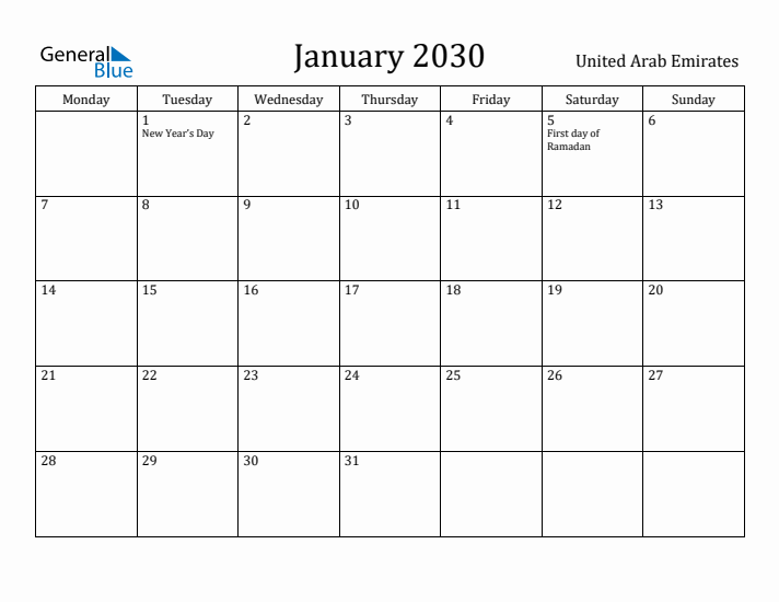 January 2030 Calendar United Arab Emirates