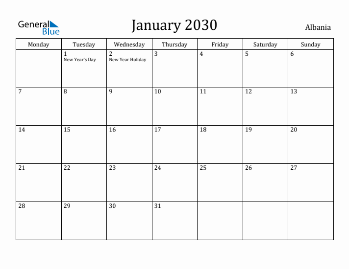 January 2030 Calendar Albania