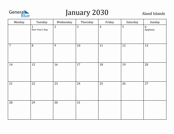 January 2030 Calendar Aland Islands