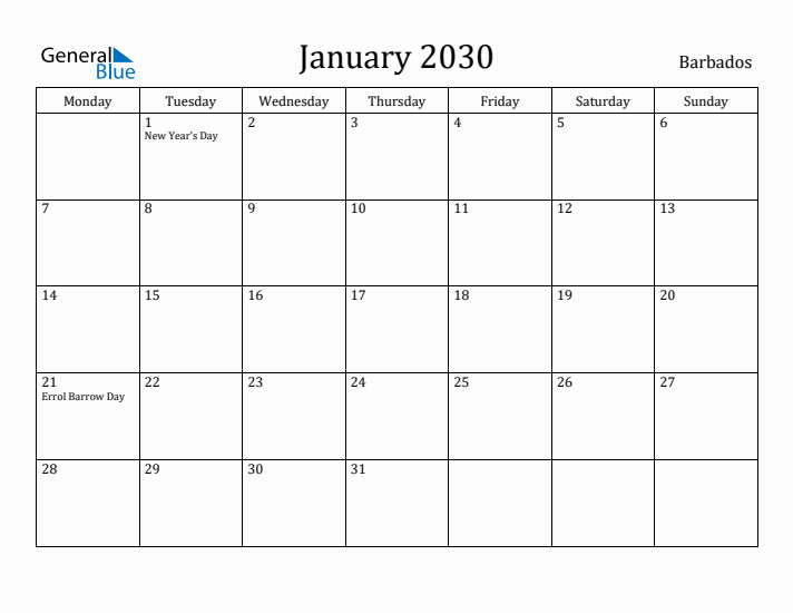 January 2030 Calendar Barbados