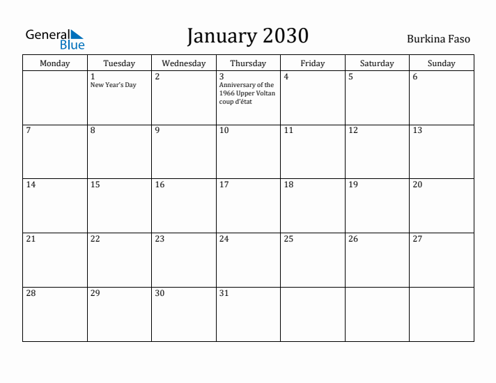 January 2030 Calendar Burkina Faso