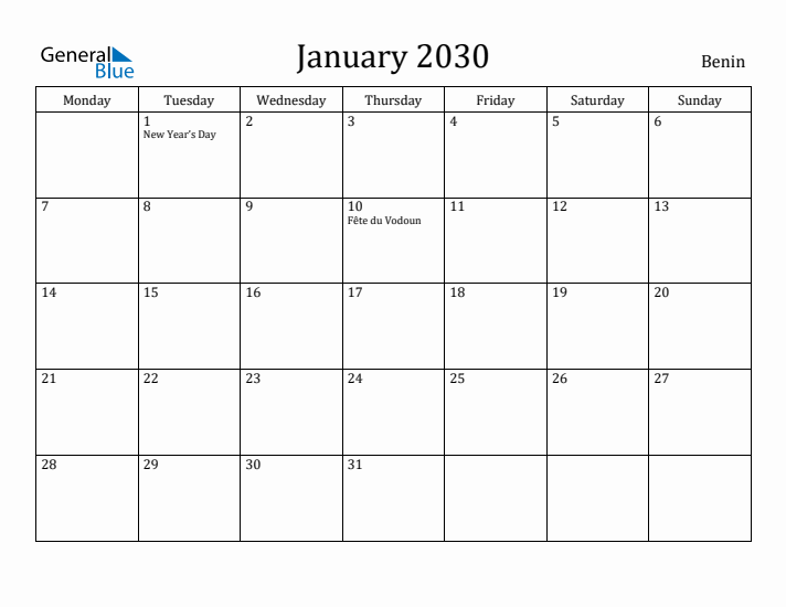 January 2030 Calendar Benin
