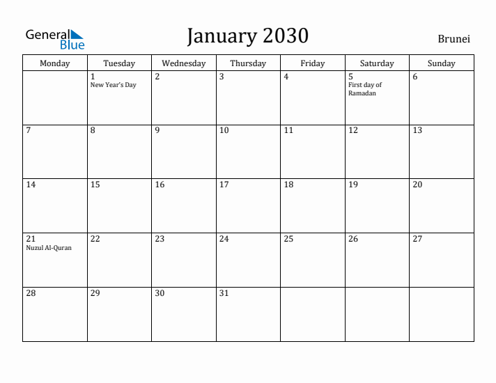 January 2030 Calendar Brunei
