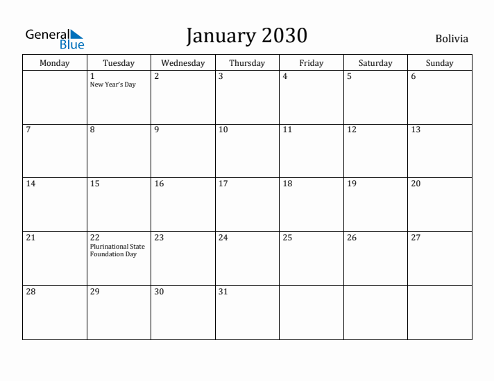 January 2030 Calendar Bolivia