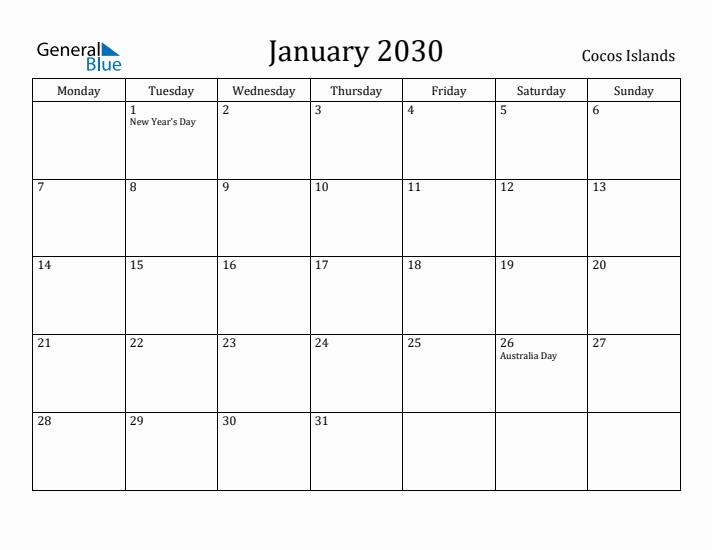 January 2030 Calendar Cocos Islands