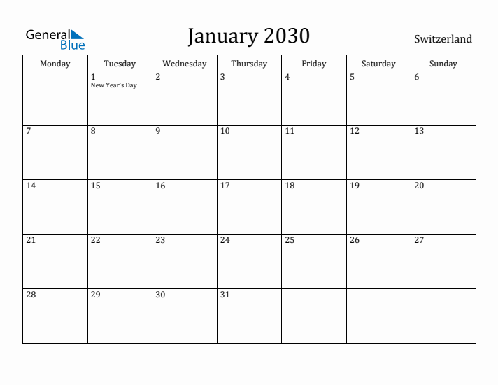 January 2030 Calendar Switzerland