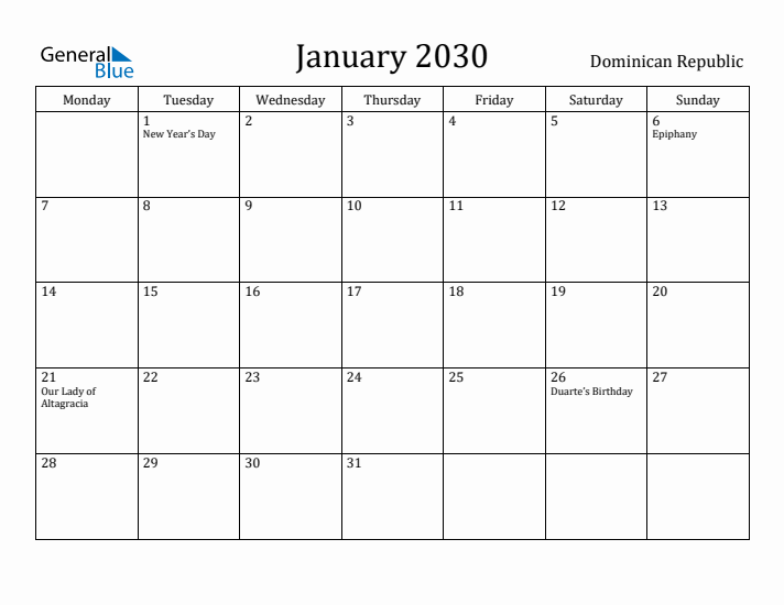 January 2030 Calendar Dominican Republic