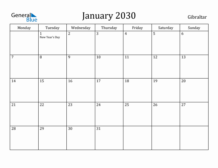 January 2030 Calendar Gibraltar