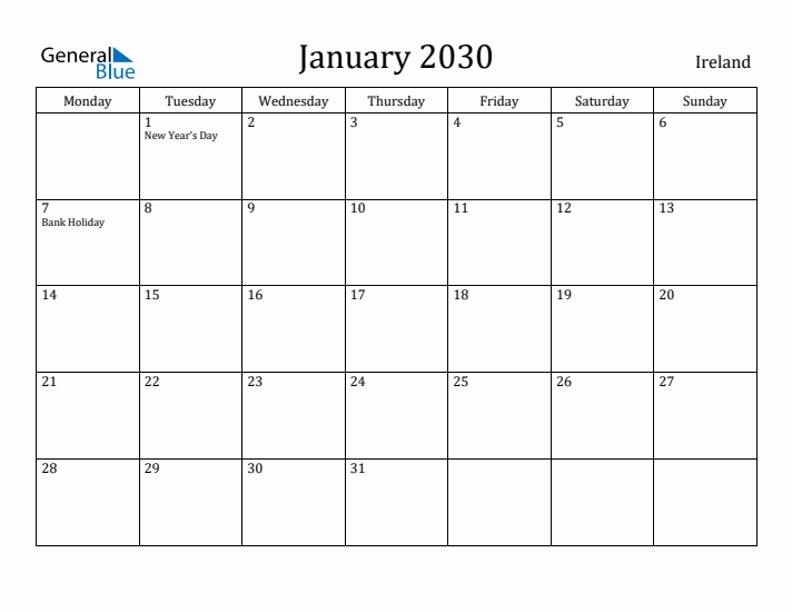 January 2030 Calendar Ireland