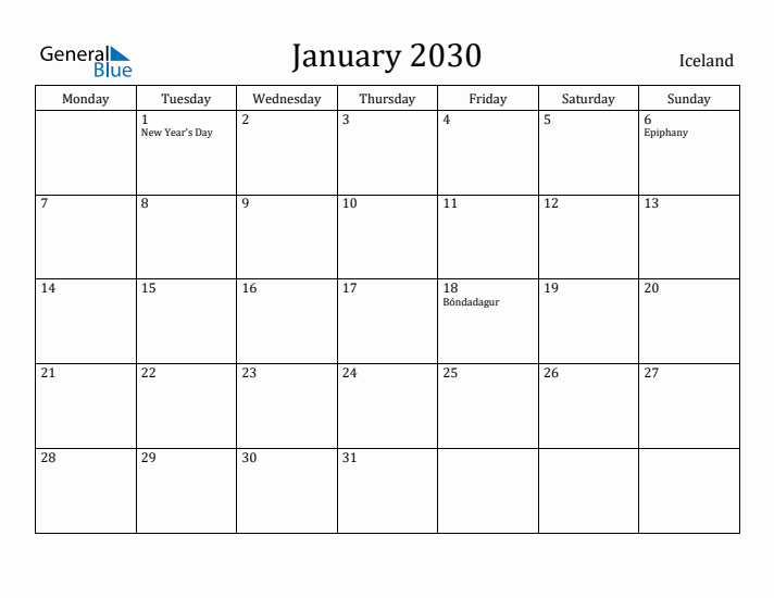 January 2030 Calendar Iceland