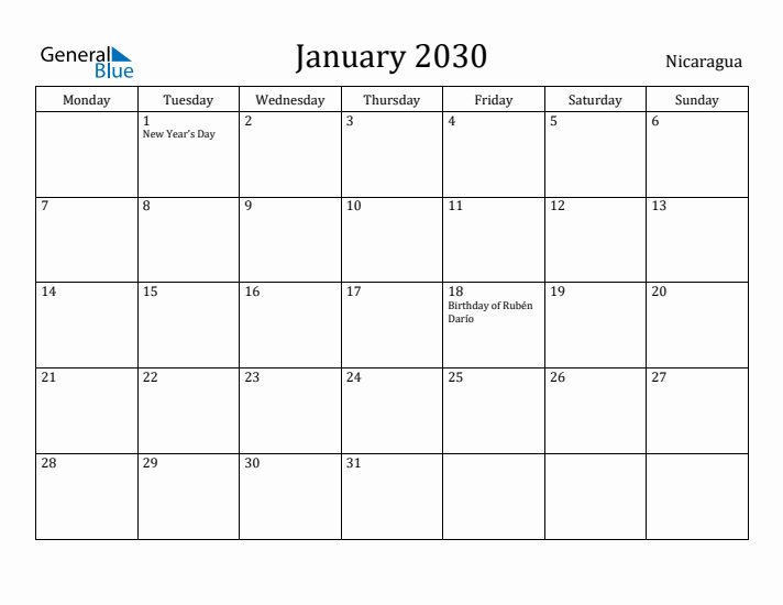 January 2030 Calendar Nicaragua