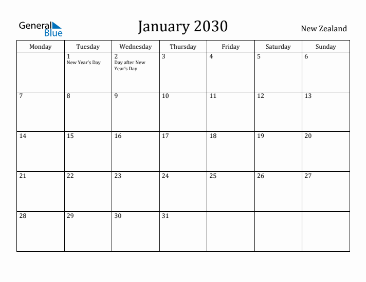 January 2030 Calendar New Zealand