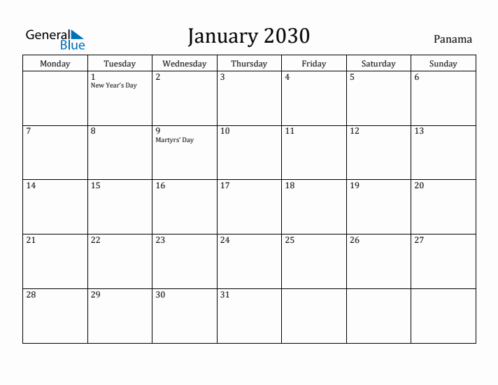 January 2030 Calendar Panama