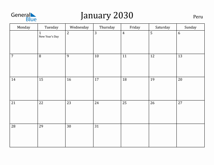 January 2030 Calendar Peru
