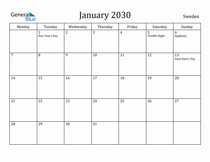 January 2030 Calendar Sweden