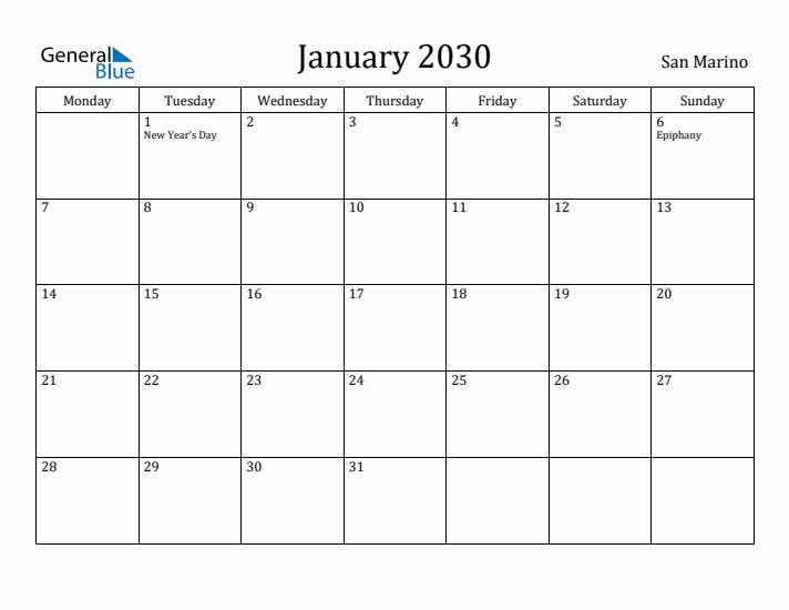 January 2030 Calendar San Marino