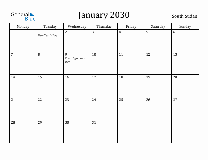 January 2030 Calendar South Sudan