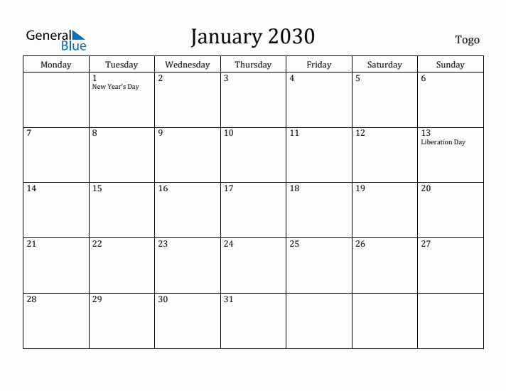 January 2030 Calendar Togo