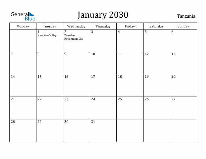 January 2030 Calendar Tanzania