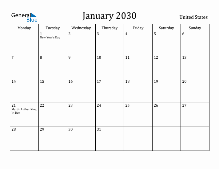 January 2030 Calendar United States