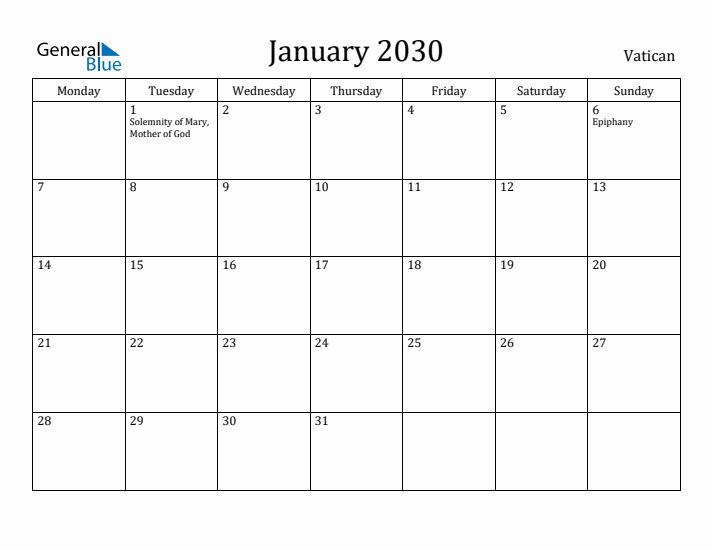 January 2030 Calendar Vatican