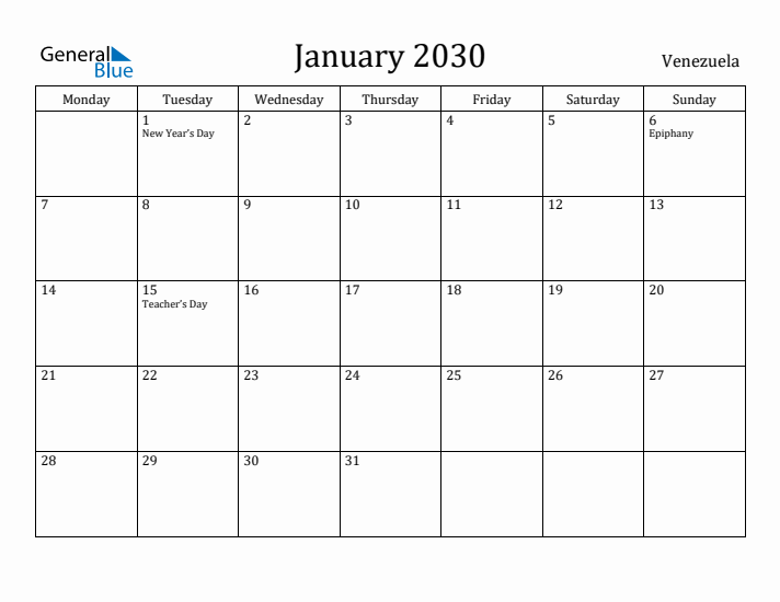 January 2030 Calendar Venezuela
