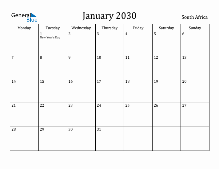 January 2030 Calendar South Africa