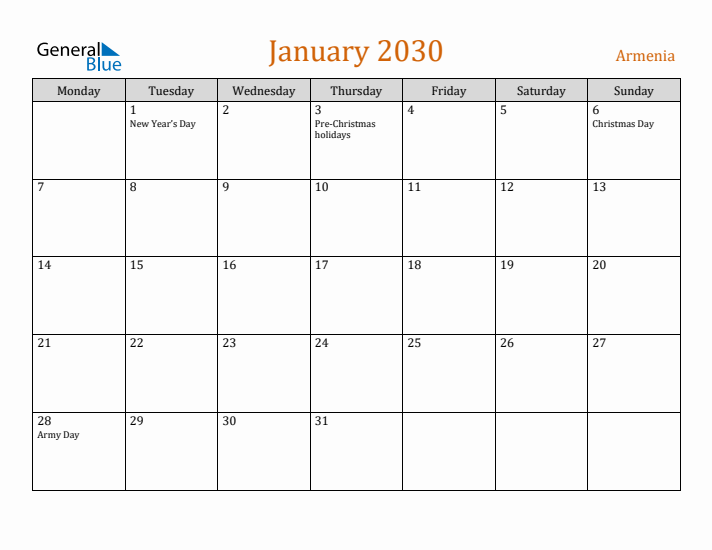 January 2030 Holiday Calendar with Monday Start