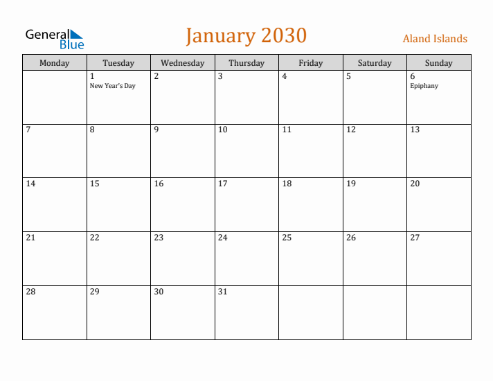 January 2030 Holiday Calendar with Monday Start