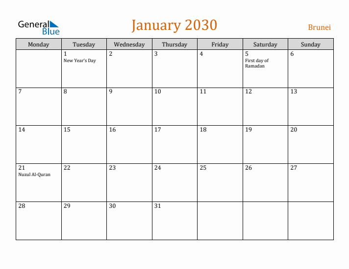 January 2030 Holiday Calendar with Monday Start