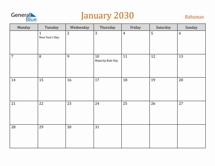 January 2030 Holiday Calendar with Monday Start